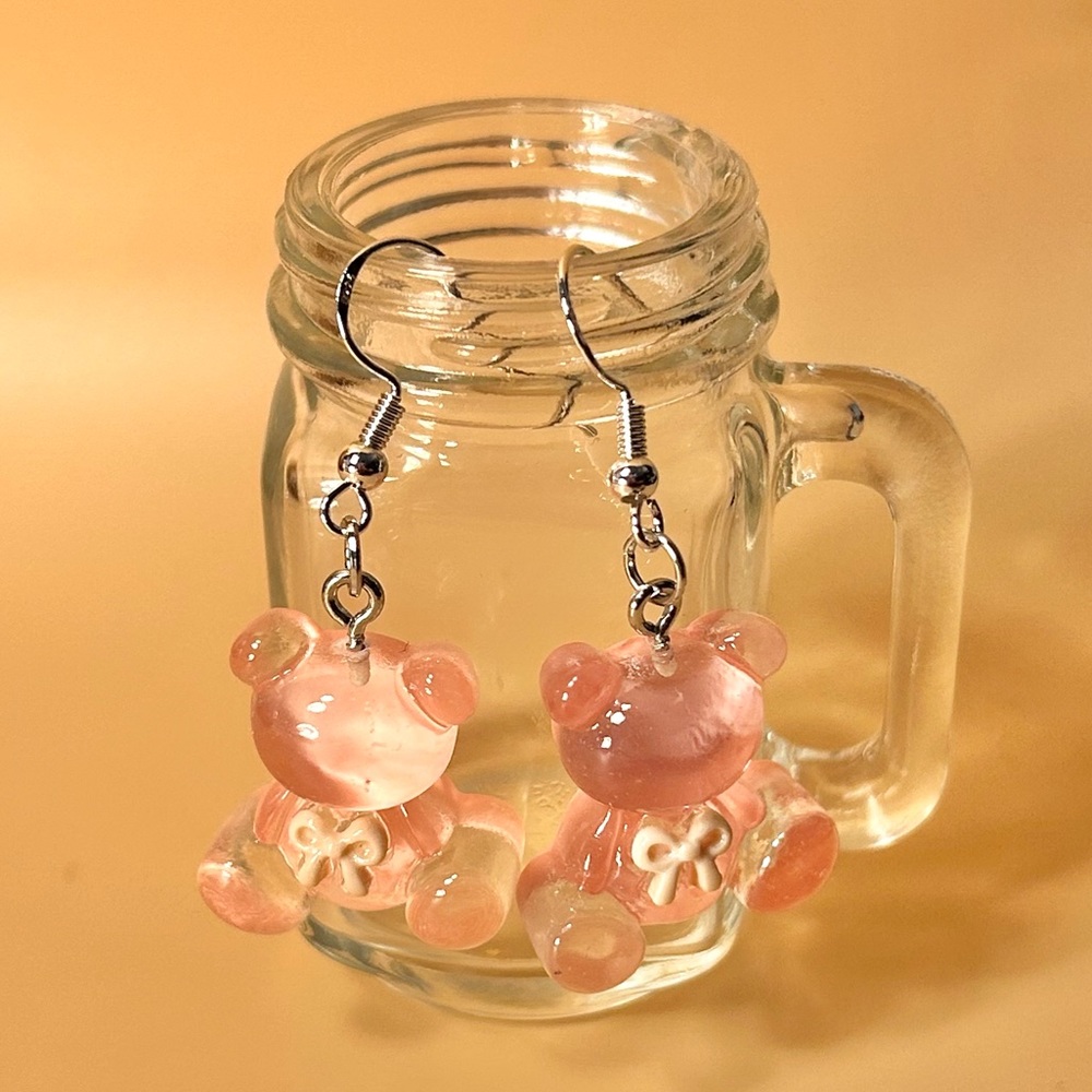 Clear Light Pink Teddy Bear Earrings